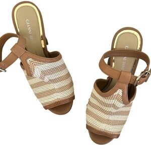 Gianni Bini Platform Heels Ankle Strap Peep Toe Woven Tan Brown‎